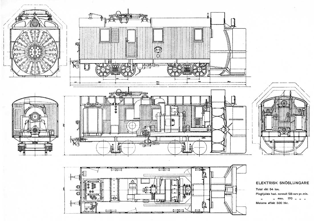 Ritning elektrisk snöslunga A-3. Drawing electric rotary snow plough class A-3