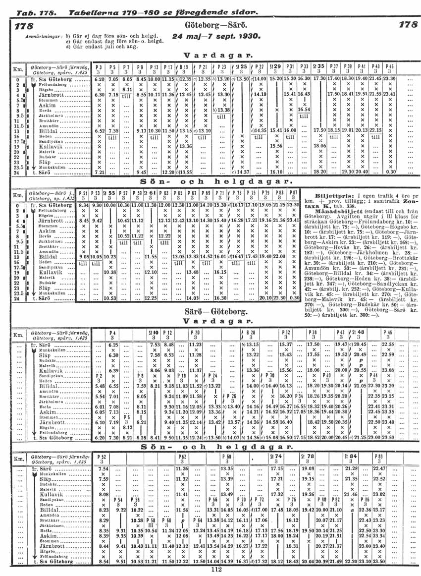 Timetable  GSJ, Göteborg - Särö Järnväg 1930