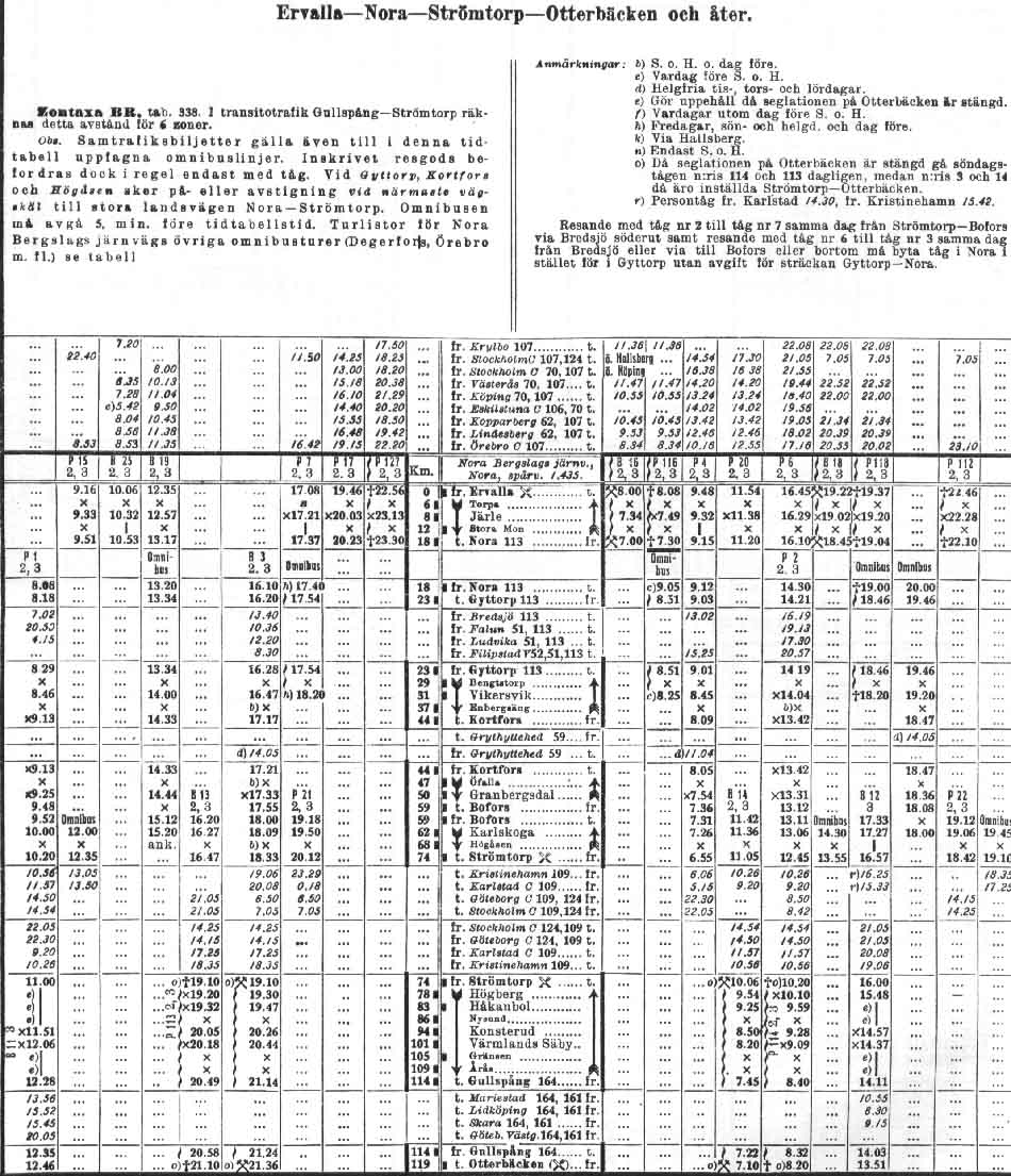 Timetable. Tidtabell 1930. Ervalla - Nora - Strömtorp - Otterbäcken och åter